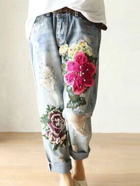 Floral Embroidered Vintage Style Distressed Denim Jeans